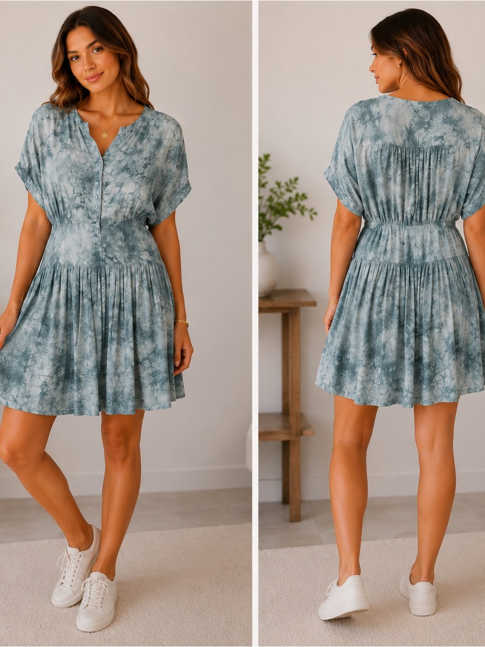Women’s Blue Gray Tie-Dye Button Front Sun Dress Boho Flowy Babydoll Dress XL